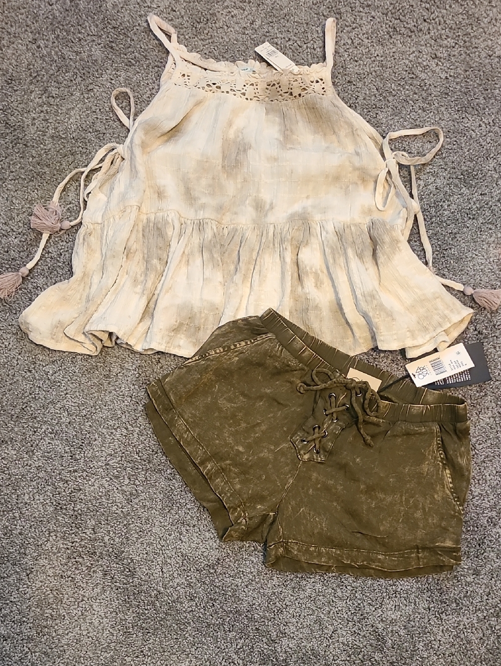AERIE babydoll Top With CHASER Olive washed Green Drawstring Shorts Set/ Bundle